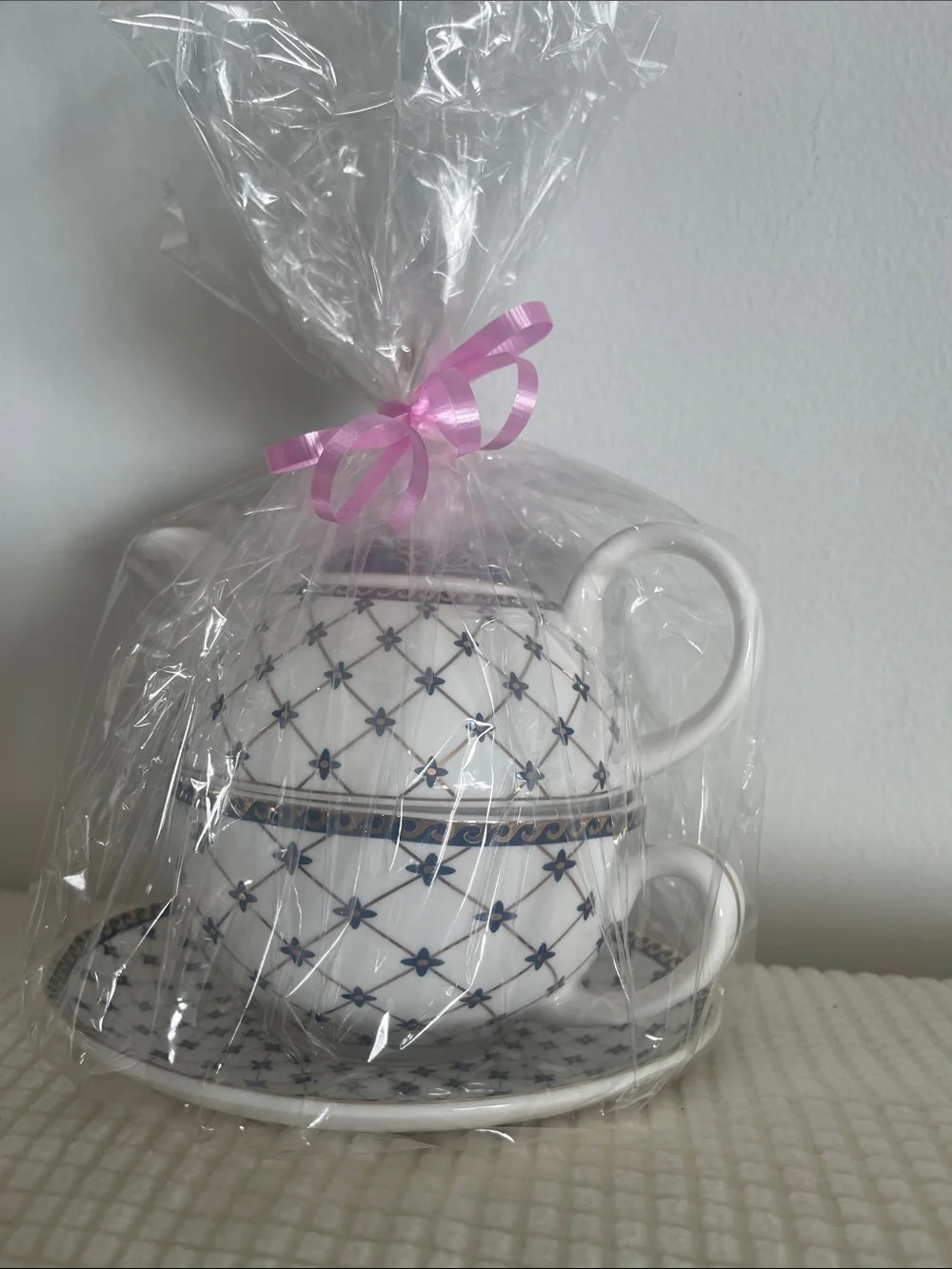 White and Blue Floral Pattern Teacup and Saucer Set